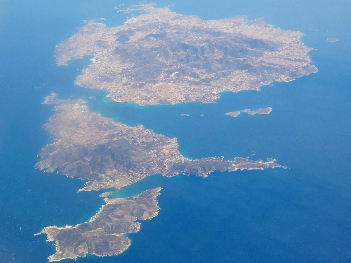 Aerial view of Paros, Antiparos and Despotiko islands on the full-day swim cruise route