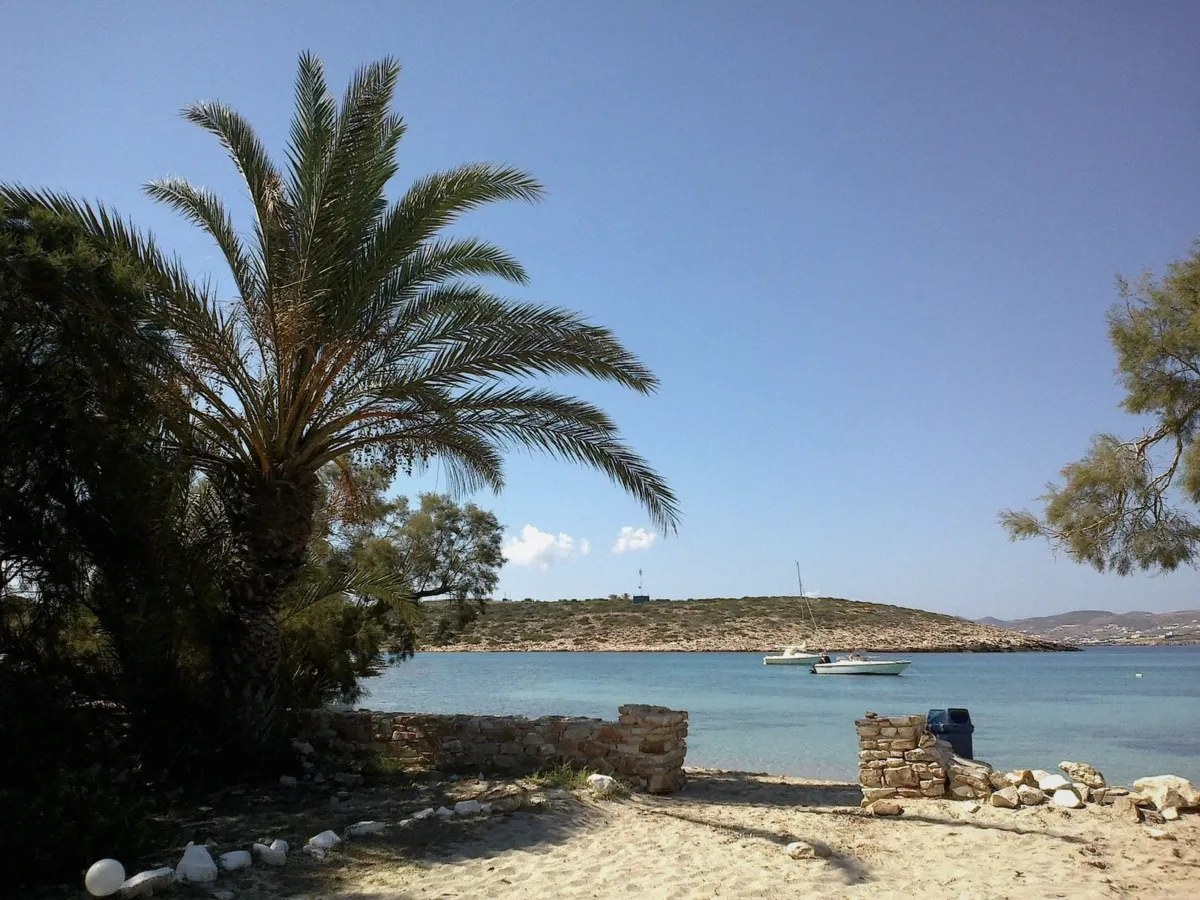Shaded palm beach on the south coast of Paros near the boat routes